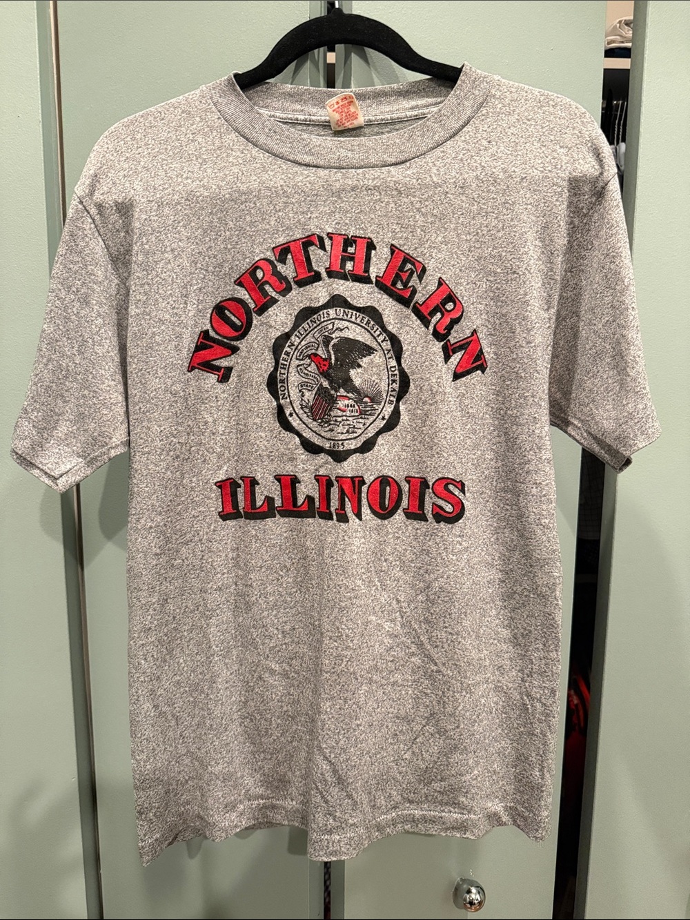 Northern Illinois Grey Tee with Red/Black velvet Lettering NIU huskies